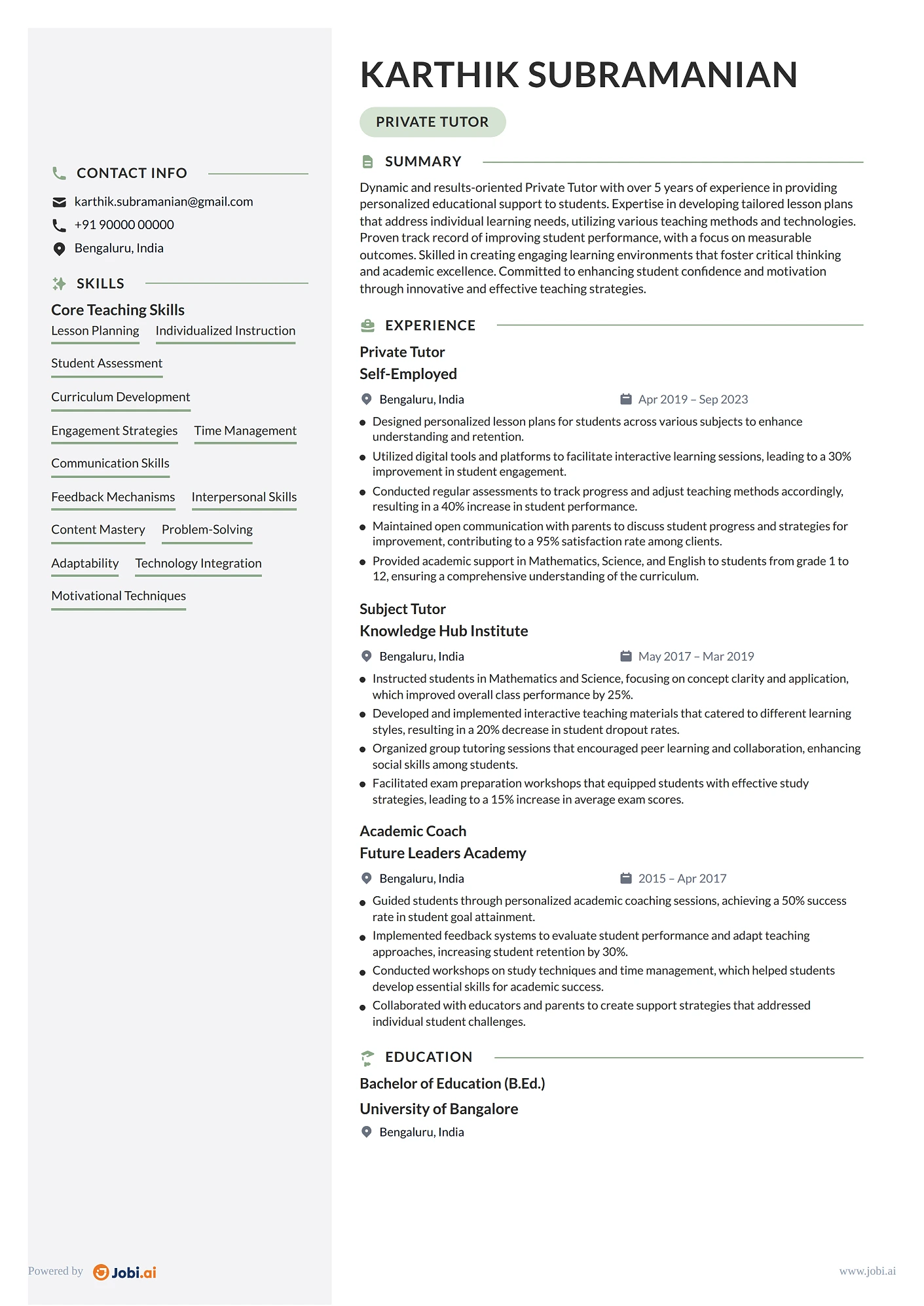 Tutor resume example — Private Tutor