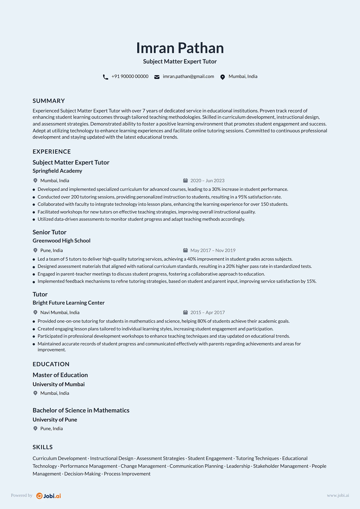 Tutor resume example — Subject Matter Expert Tutor