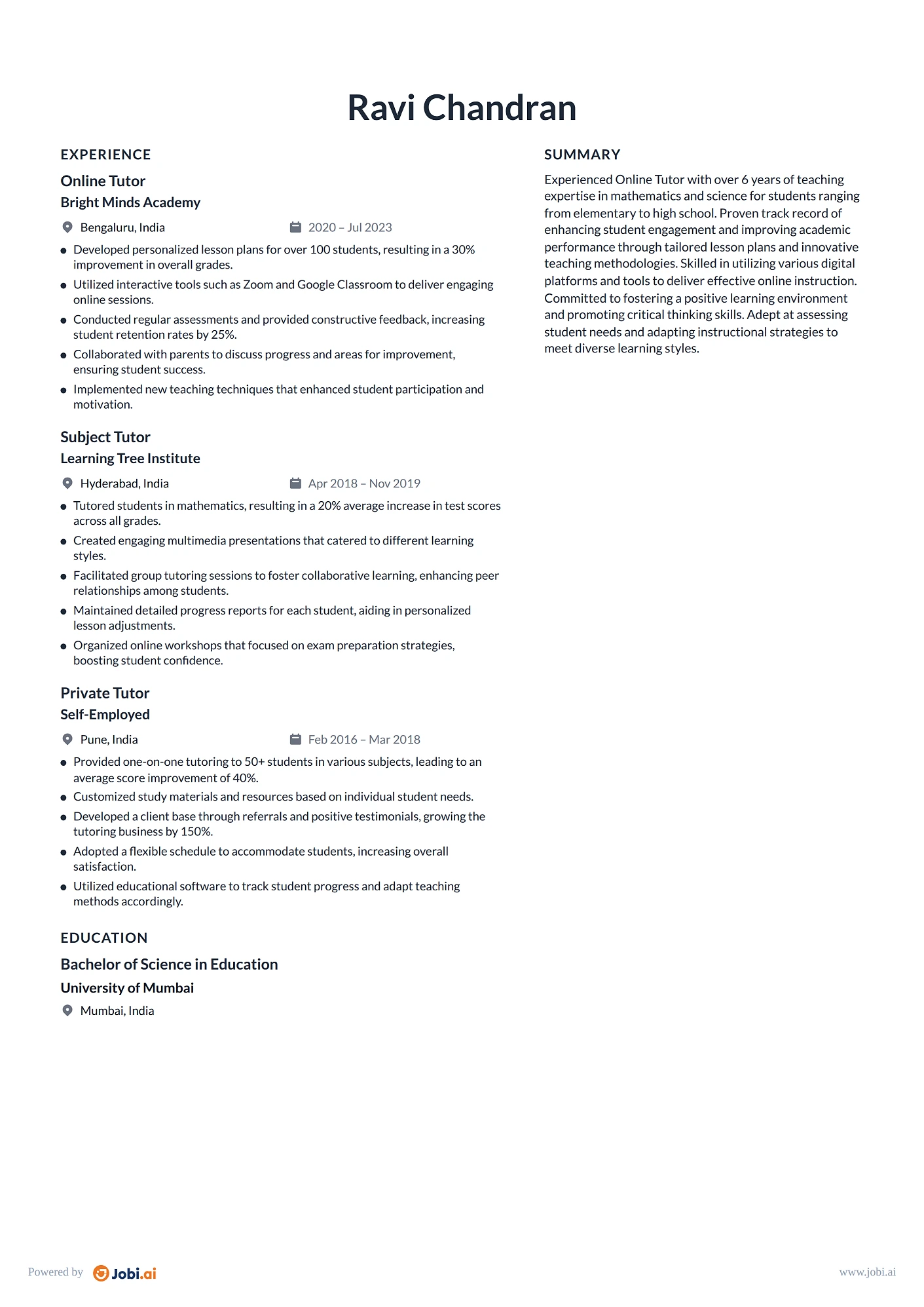 Tutor resume example — Online Tutor
