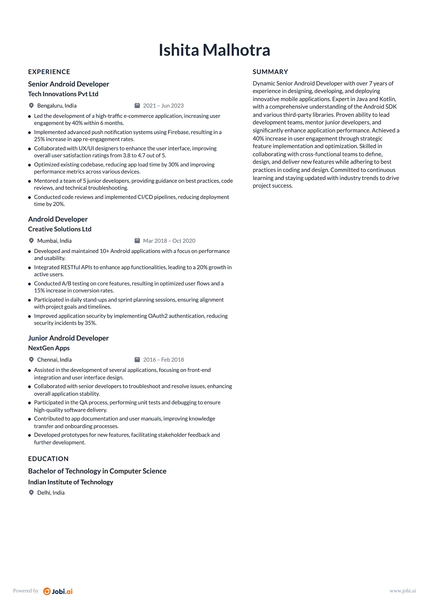 Android Developer resume example — Senior Android Developer