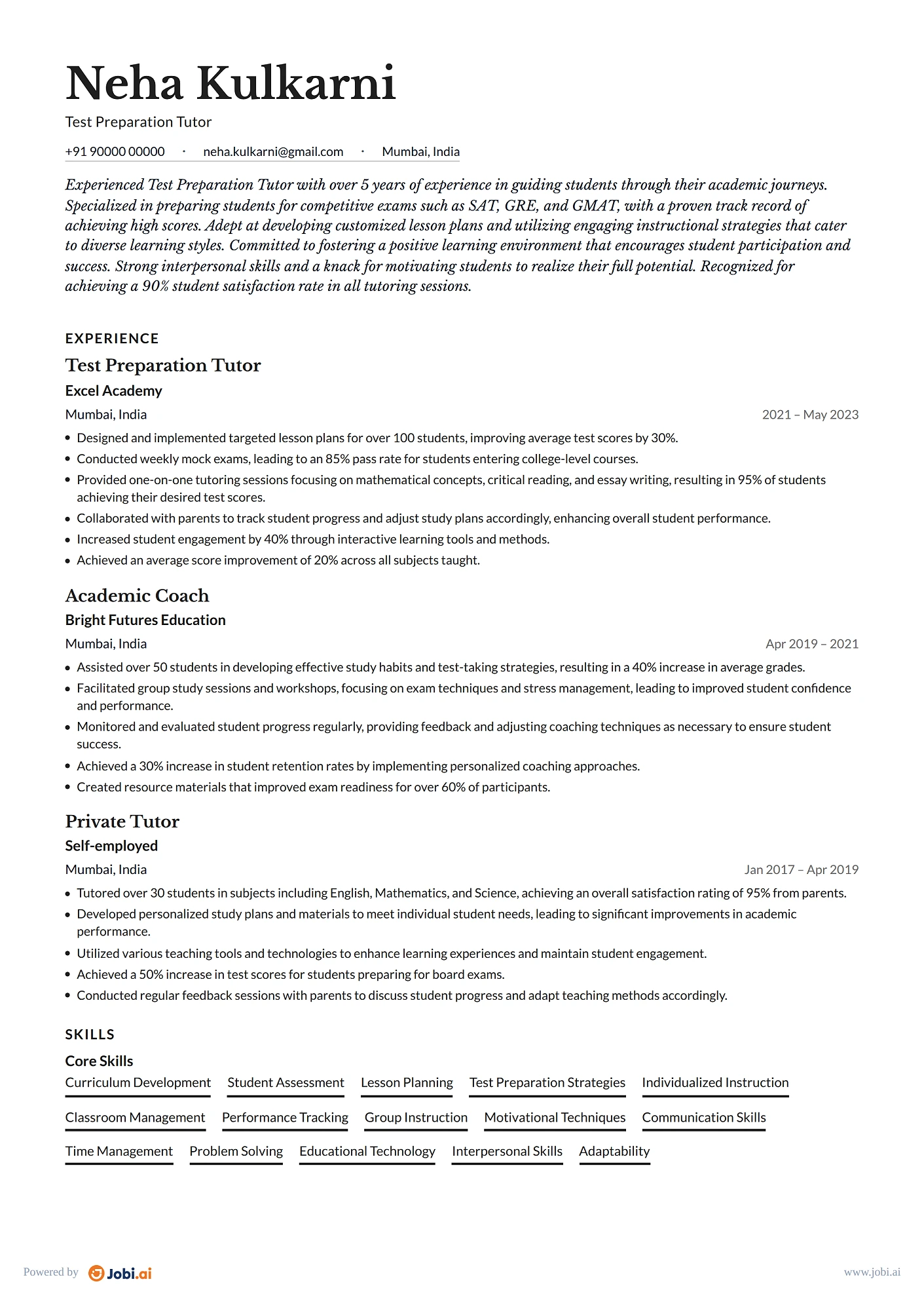 Tutor resume example — Test Preparation Tutor