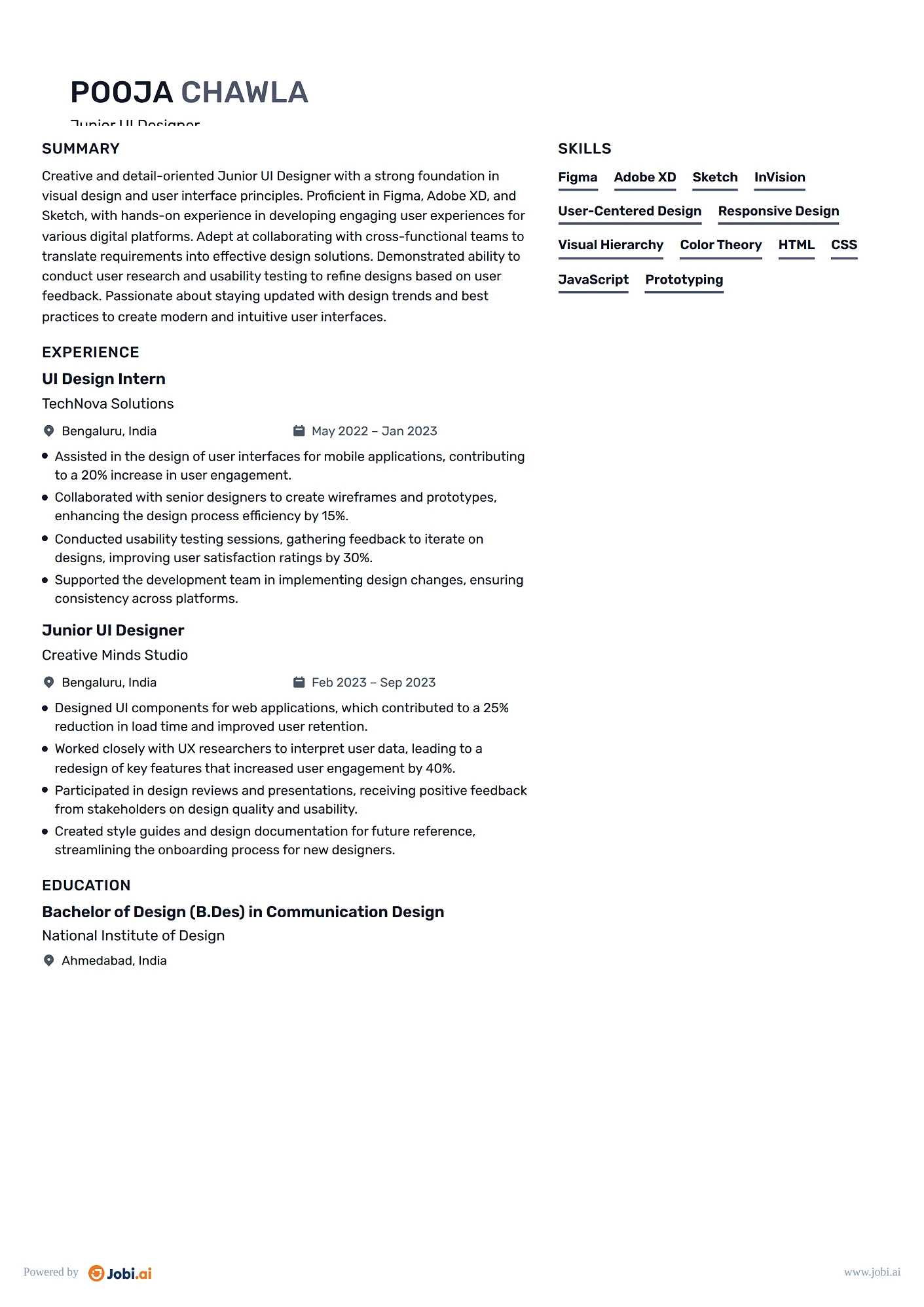 UI Designer resume example — Junior UI Designer