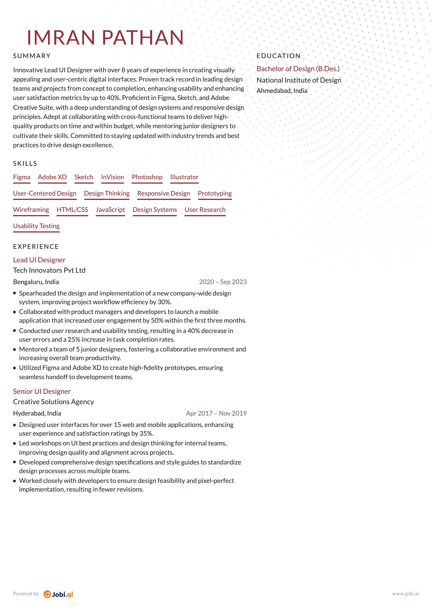 UI Designer resume example — Lead UI Designer