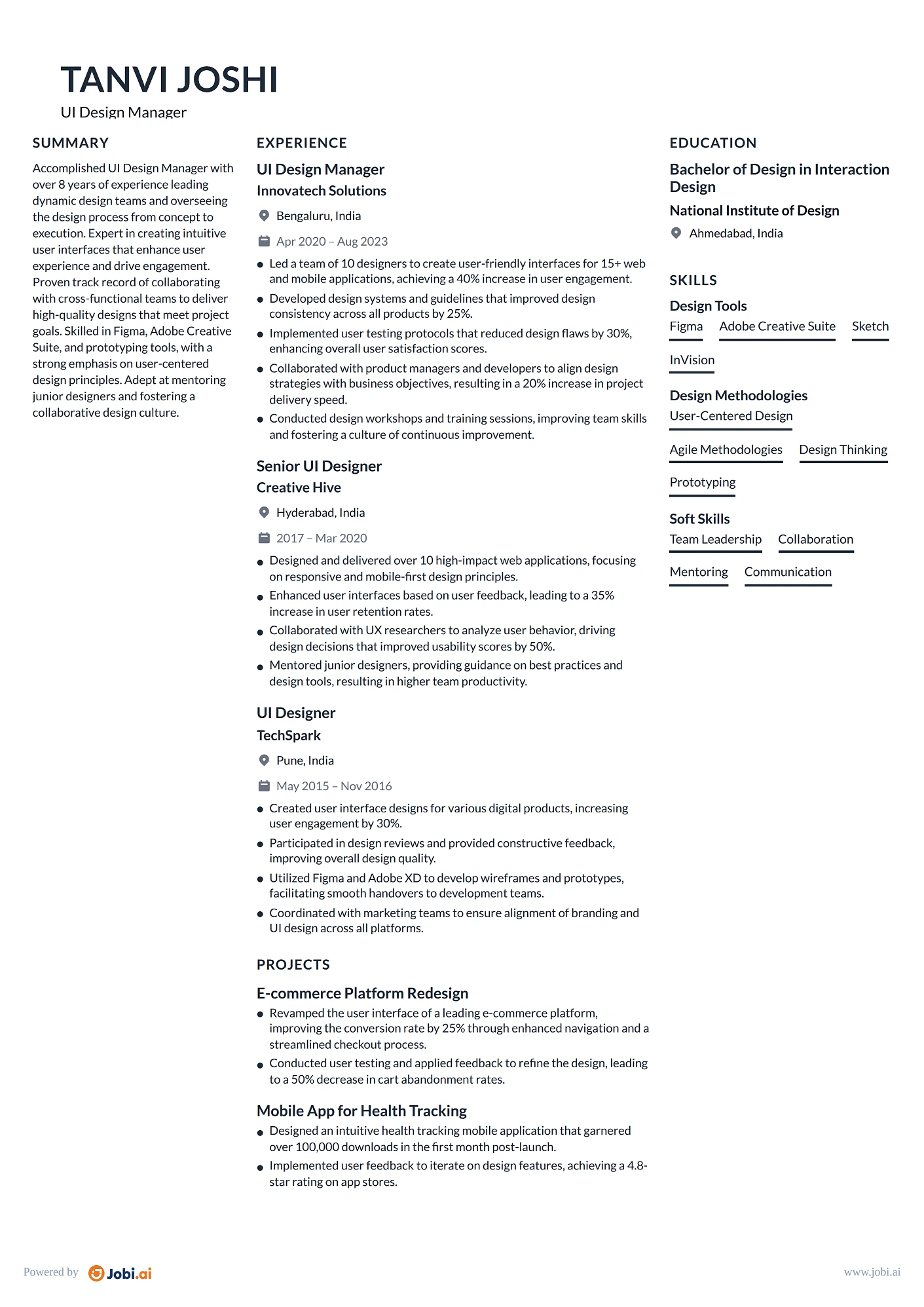 UI Designer resume example — UI Design Manager