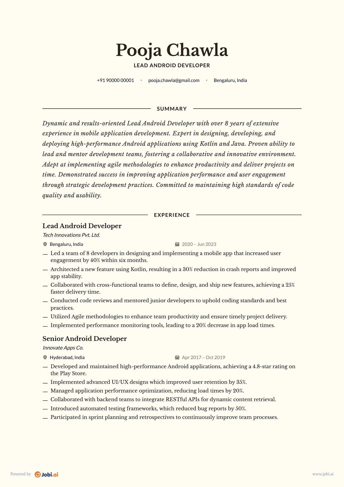 Android Developer resume example — Lead Android Developer