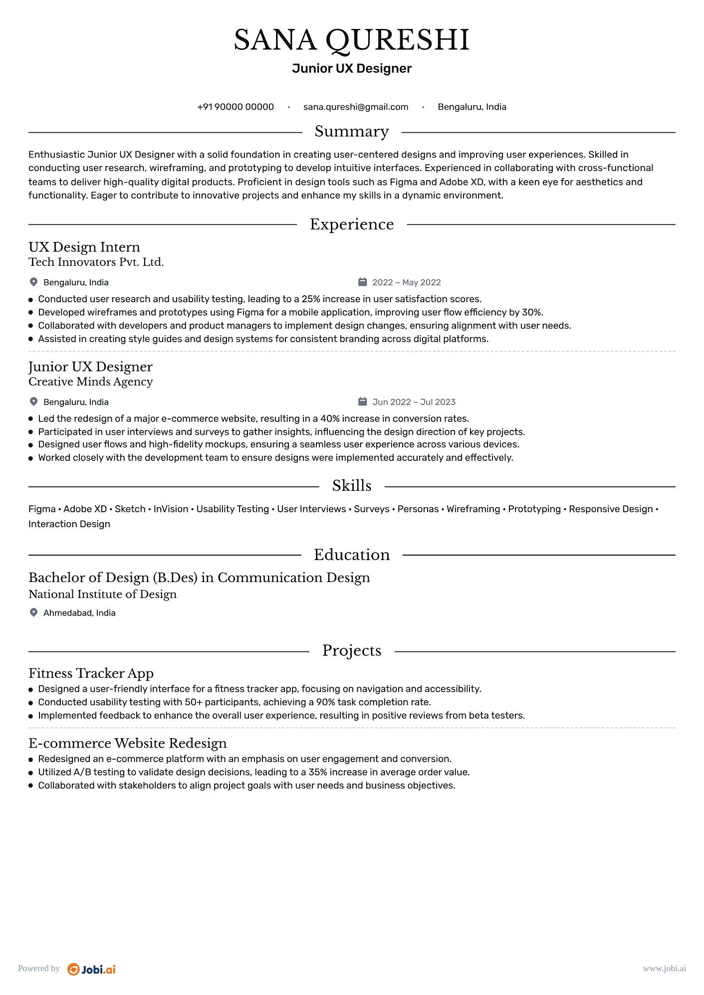 UX Designer resume example — Junior UX Designer
