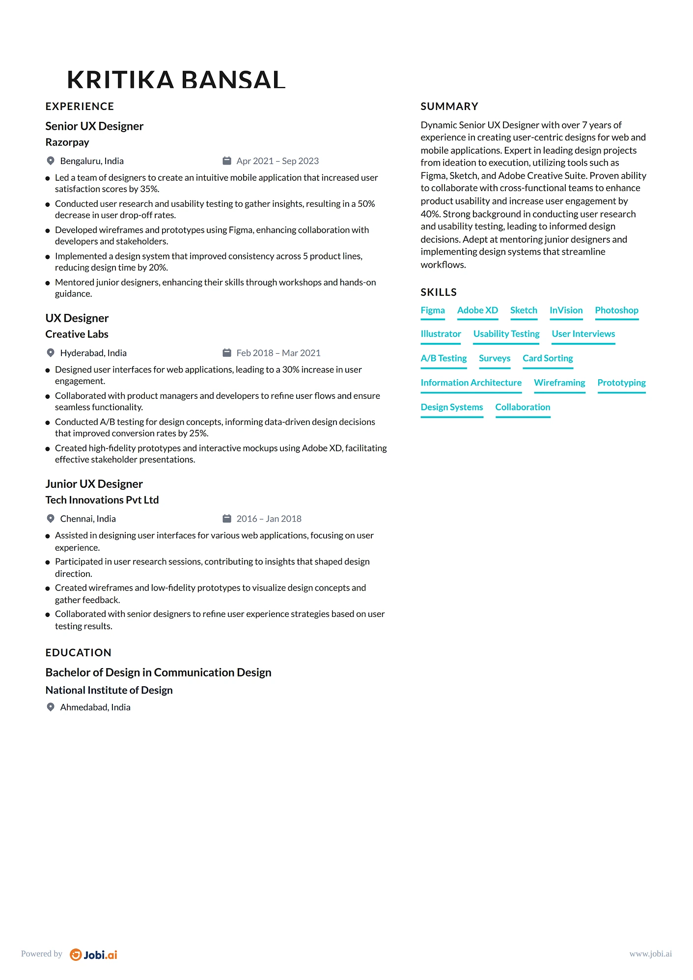 UX Designer resume example — Senior UX Designer