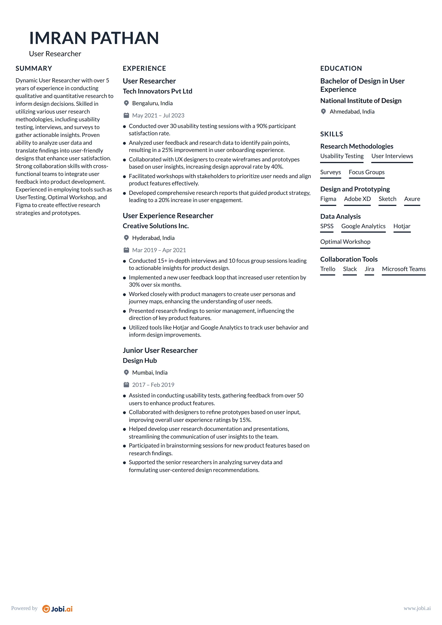 UX Designer resume example — User Researcher