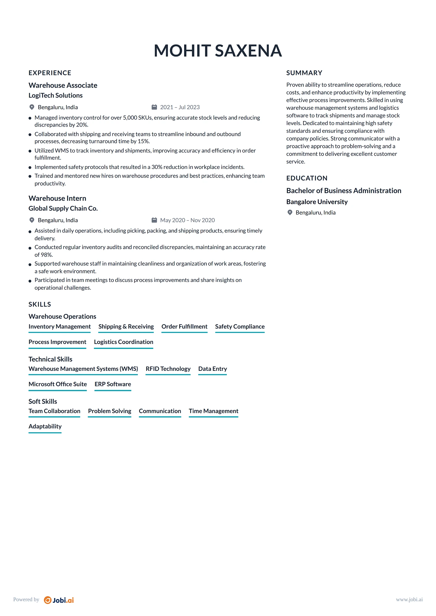Warehouse Manager resume example — Warehouse Associate
