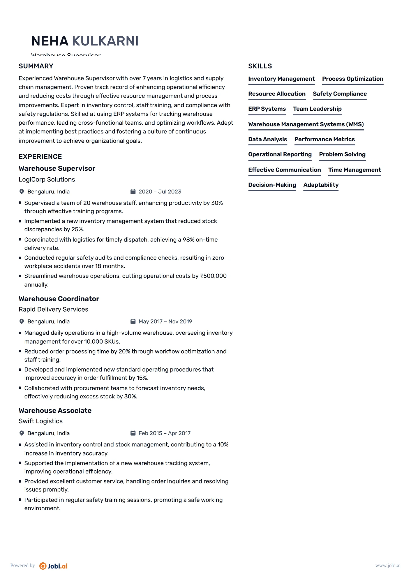 Warehouse Manager resume example — Warehouse Supervisor