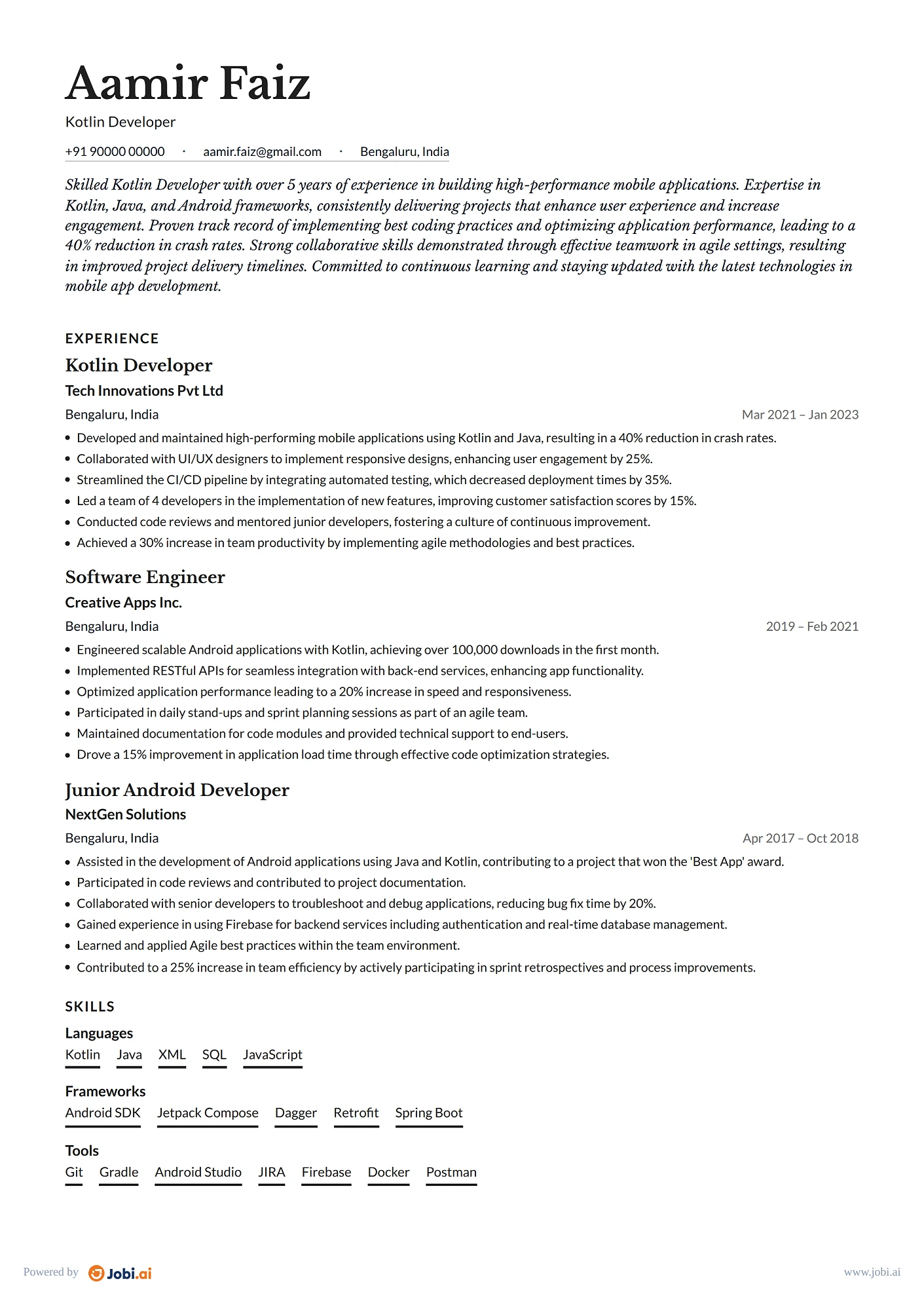 Android Developer resume example — Kotlin Developer