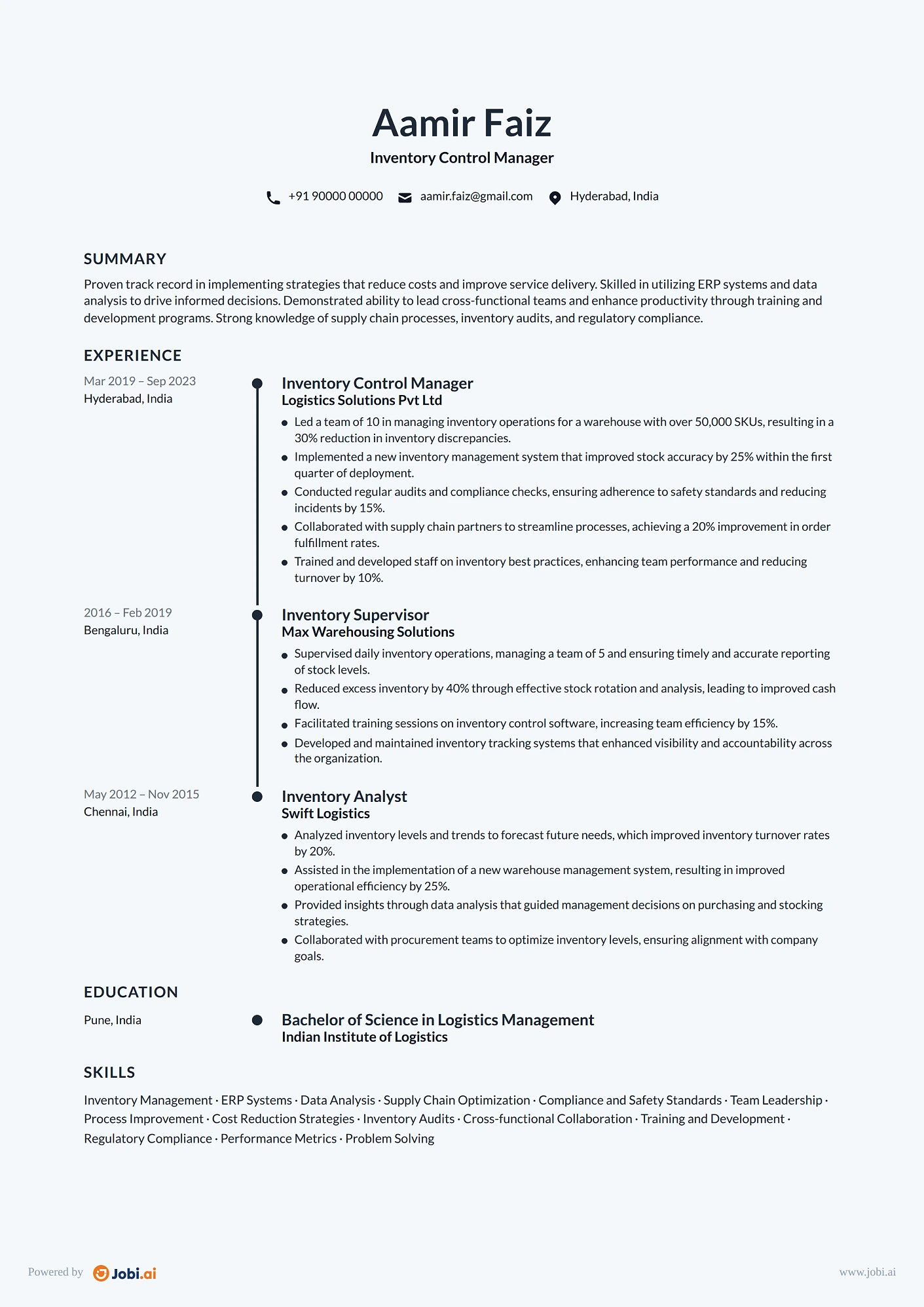 Warehouse Manager resume example — Inventory Control Manager