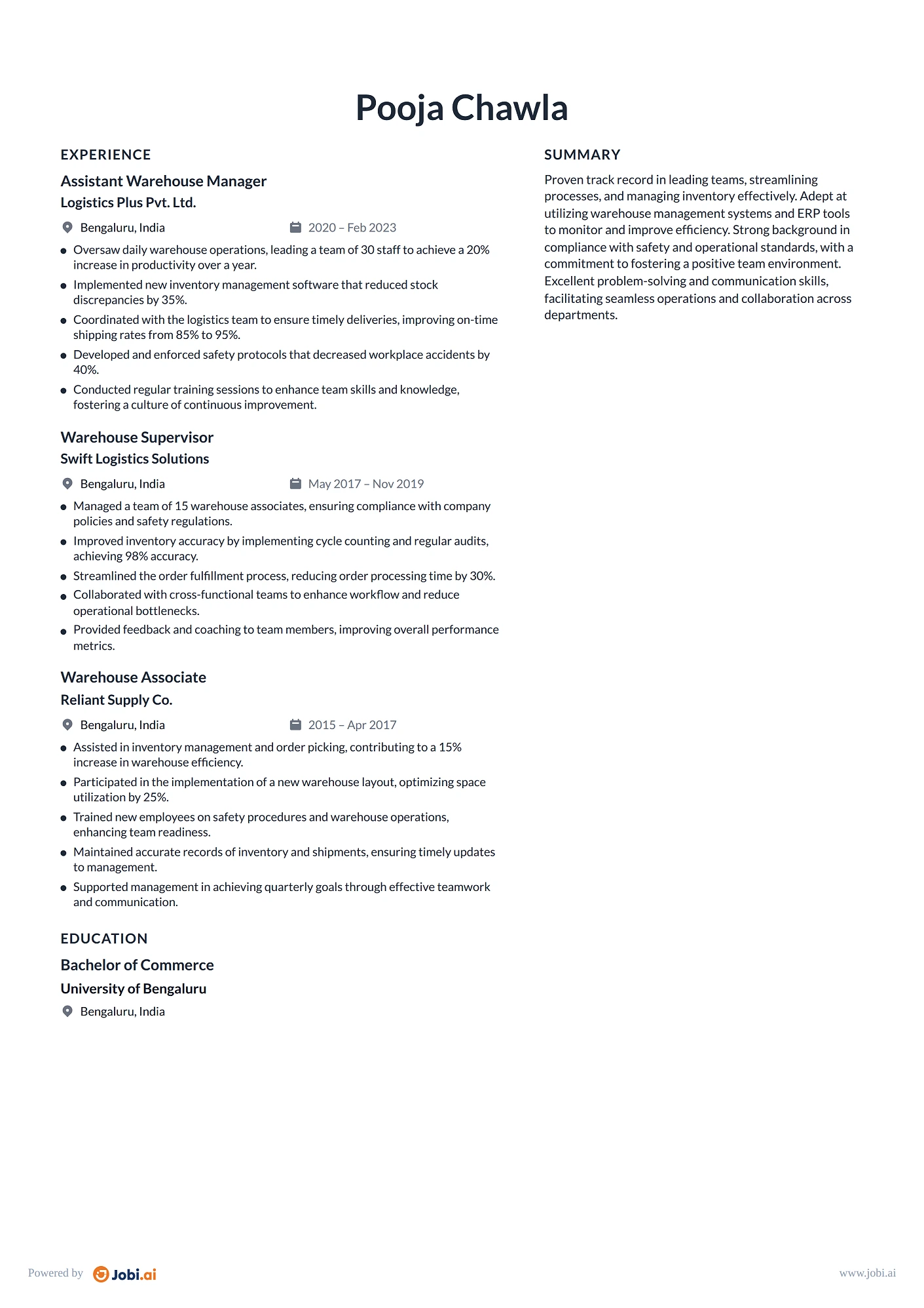 Warehouse Manager resume example — Assistant Warehouse Manager