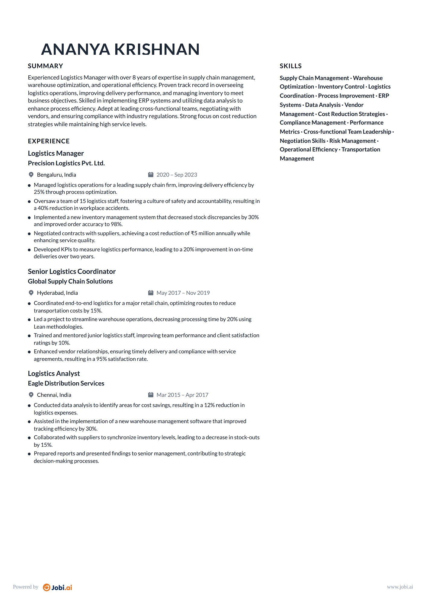Warehouse Manager resume example — Logistics Manager