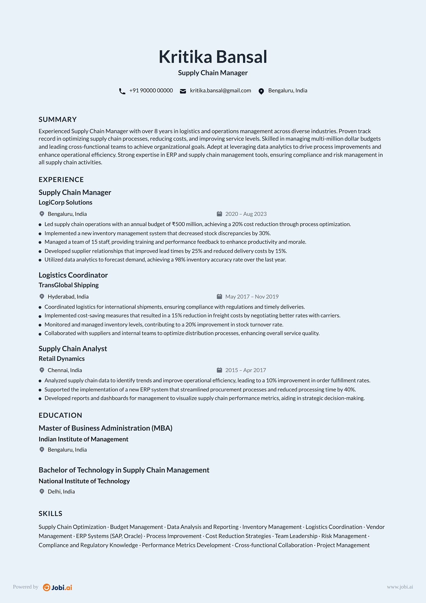 Warehouse Manager resume example — Supply Chain Manager