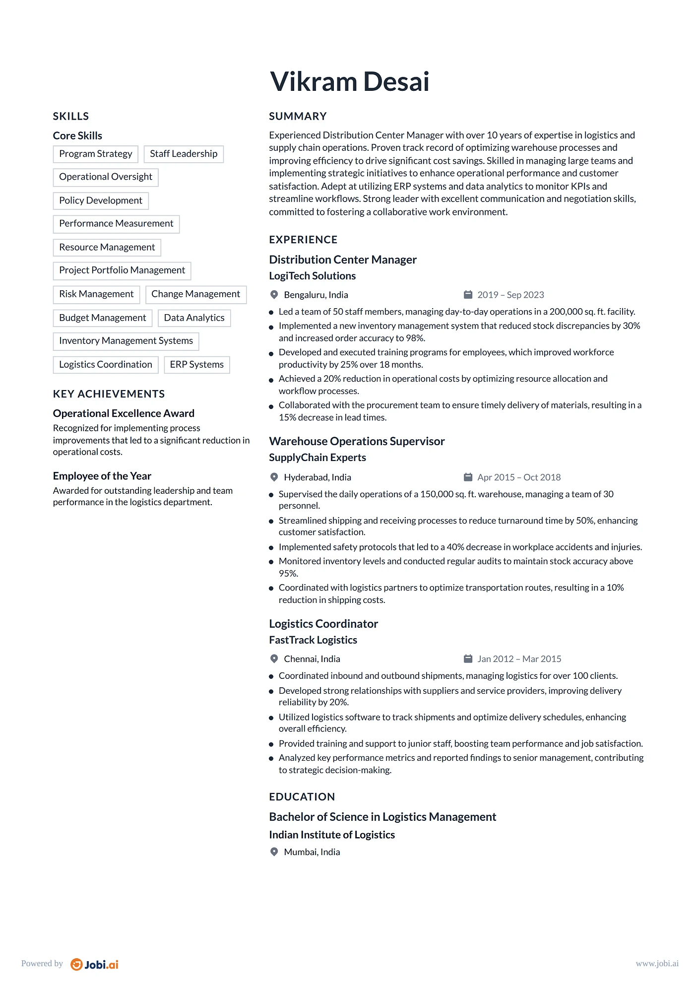 Warehouse Manager resume example — Distribution Center Manager