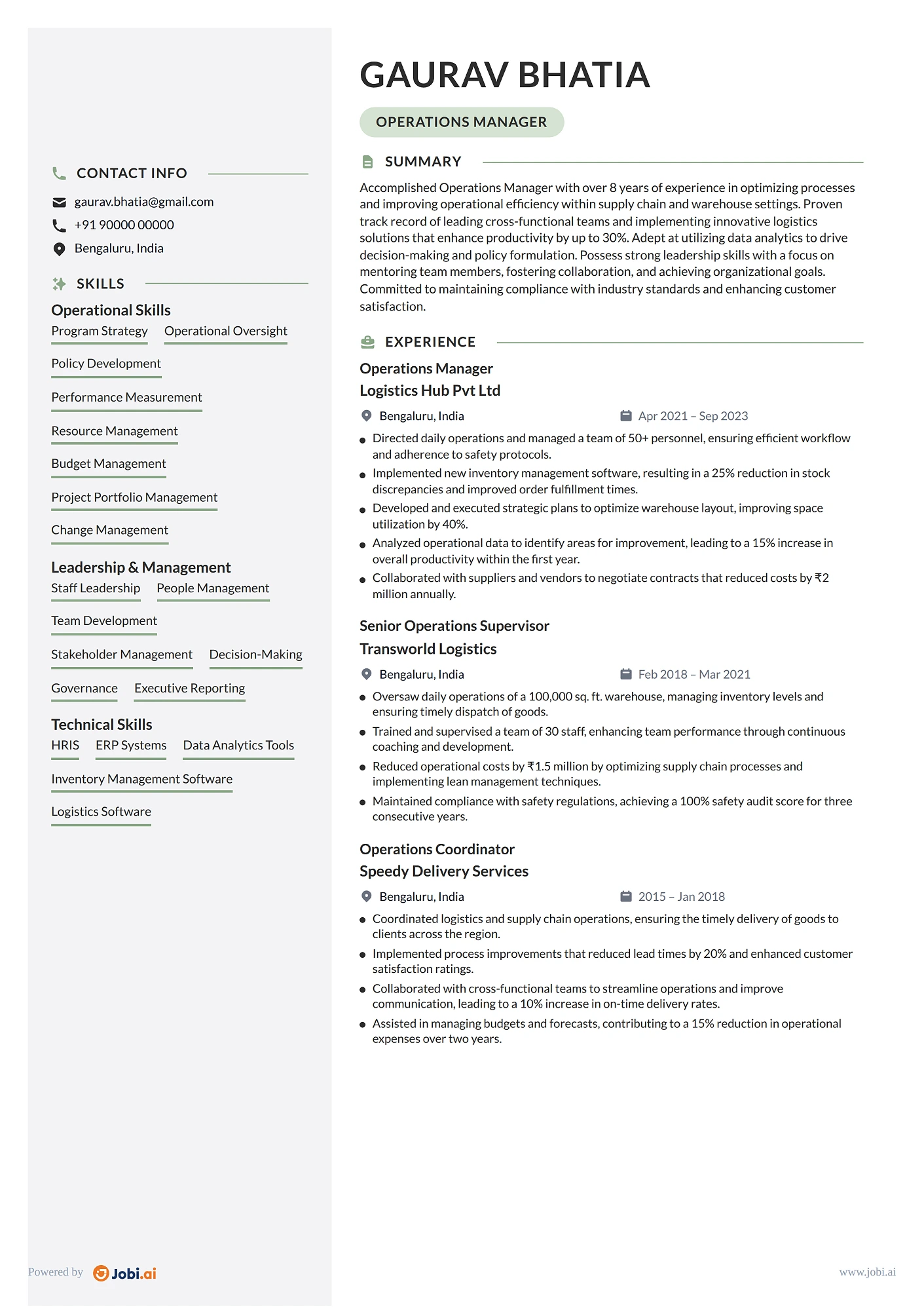 Warehouse Manager resume example — Operations Manager