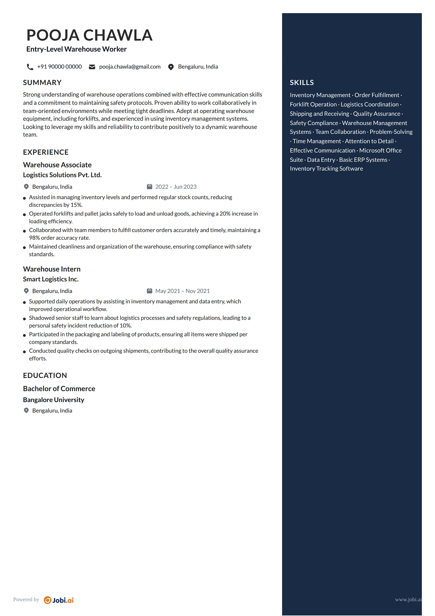 Warehouse Worker resume example — Entry-Level Warehouse Worker