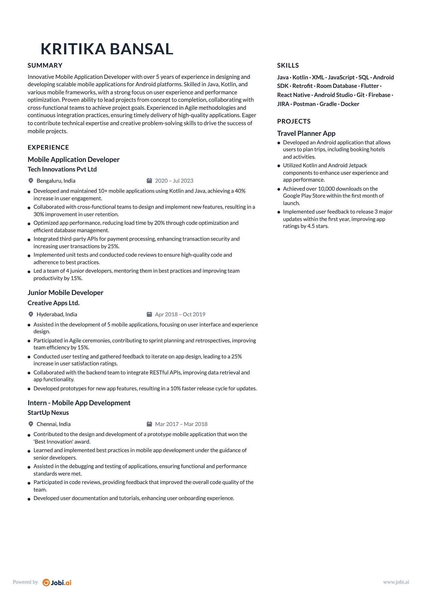 Android Developer resume example — Mobile Application Developer