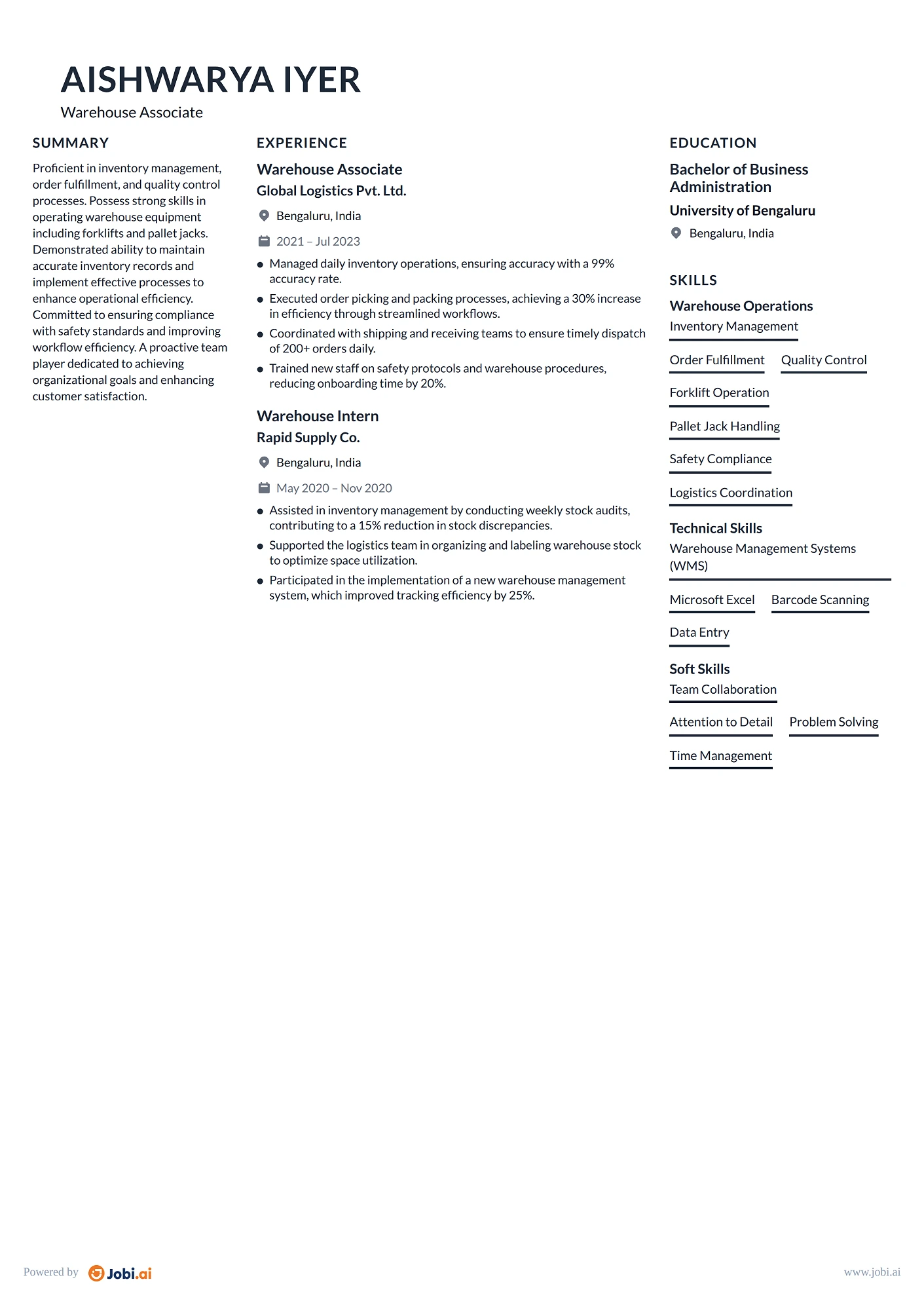 Warehouse Worker resume example — Warehouse Associate