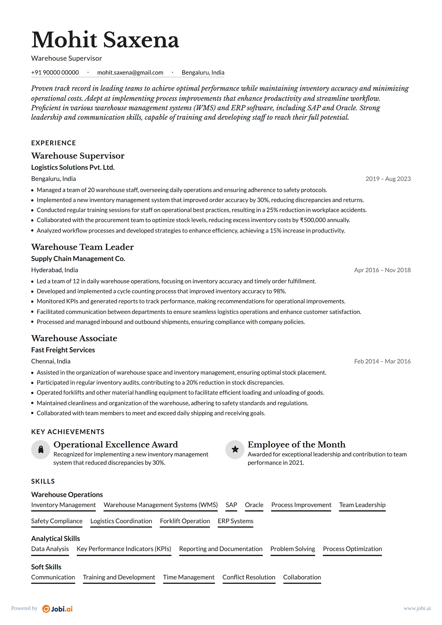 Warehouse Worker resume example — Warehouse Supervisor