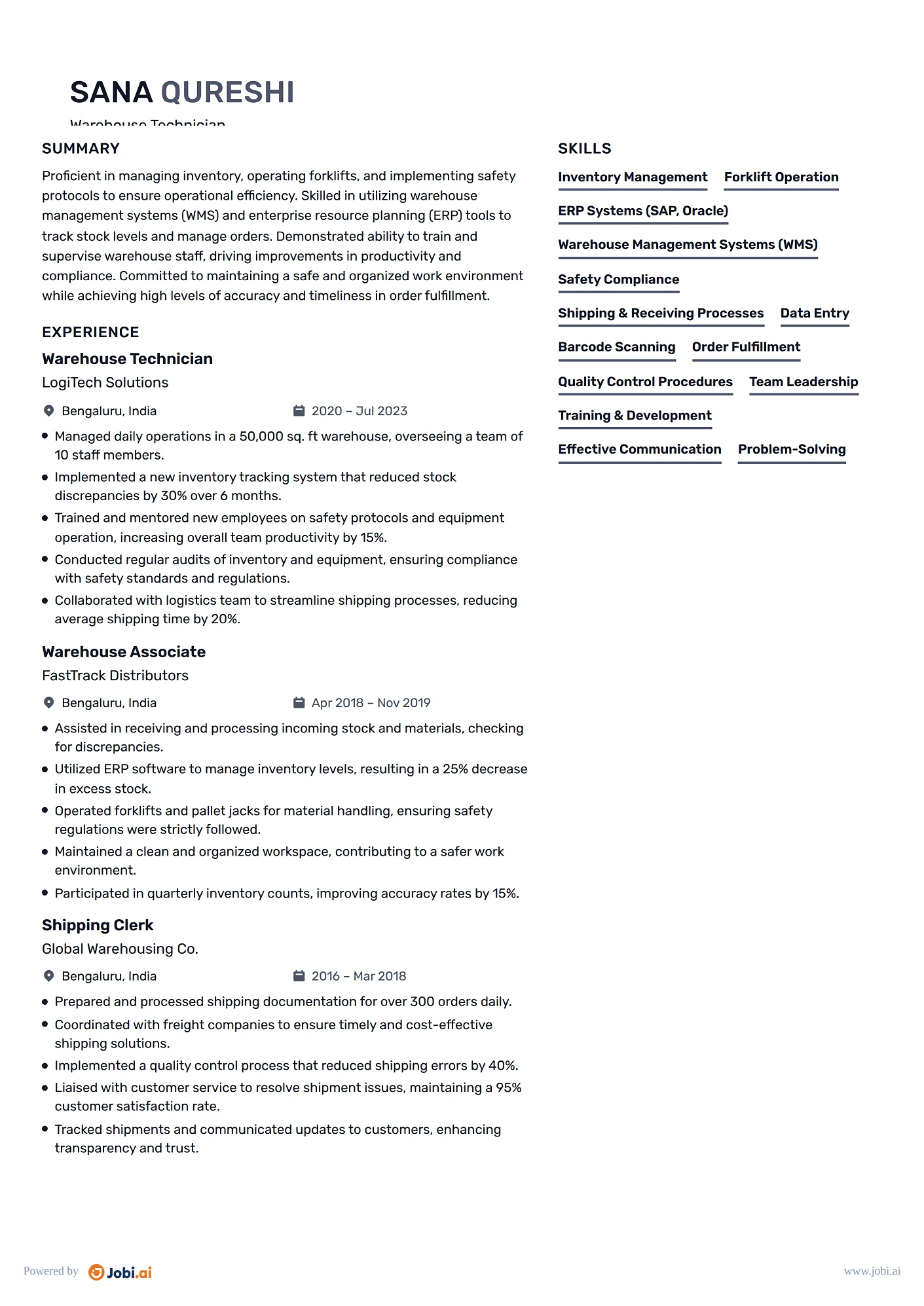 Warehouse Worker resume example — Warehouse Technician