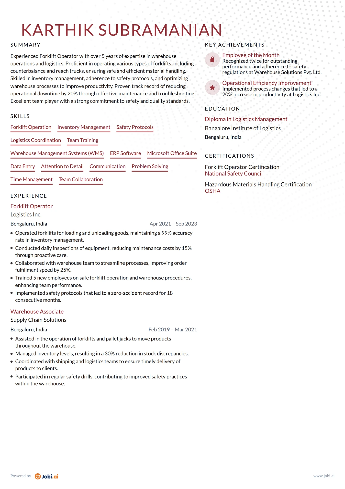 Warehouse Worker resume example — Forklift Operator