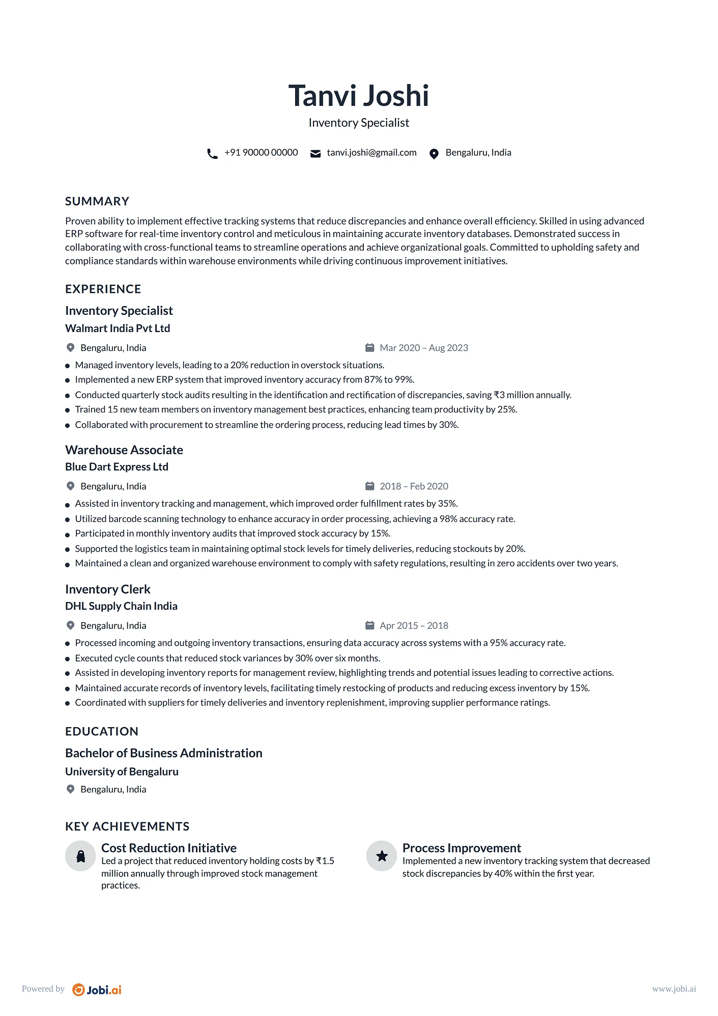 Warehouse Worker resume example — Inventory Specialist