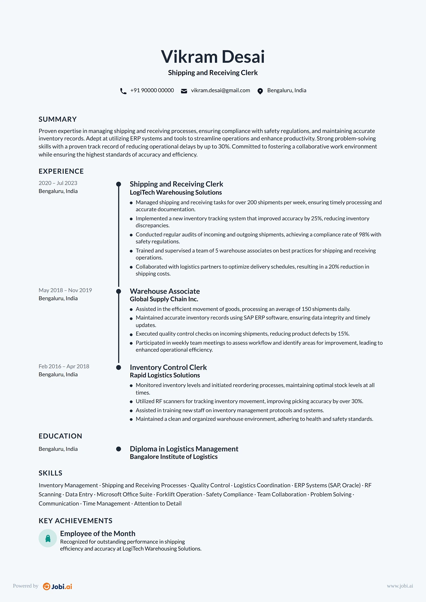 Warehouse Worker resume example — Shipping and Receiving Clerk