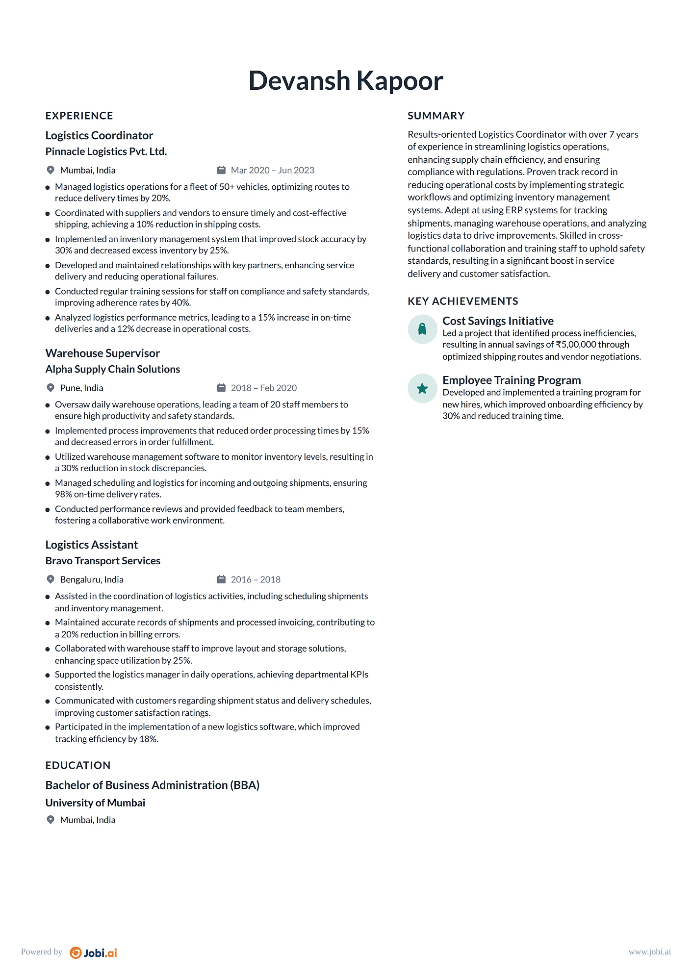 Warehouse Worker resume example — Logistics Coordinator
