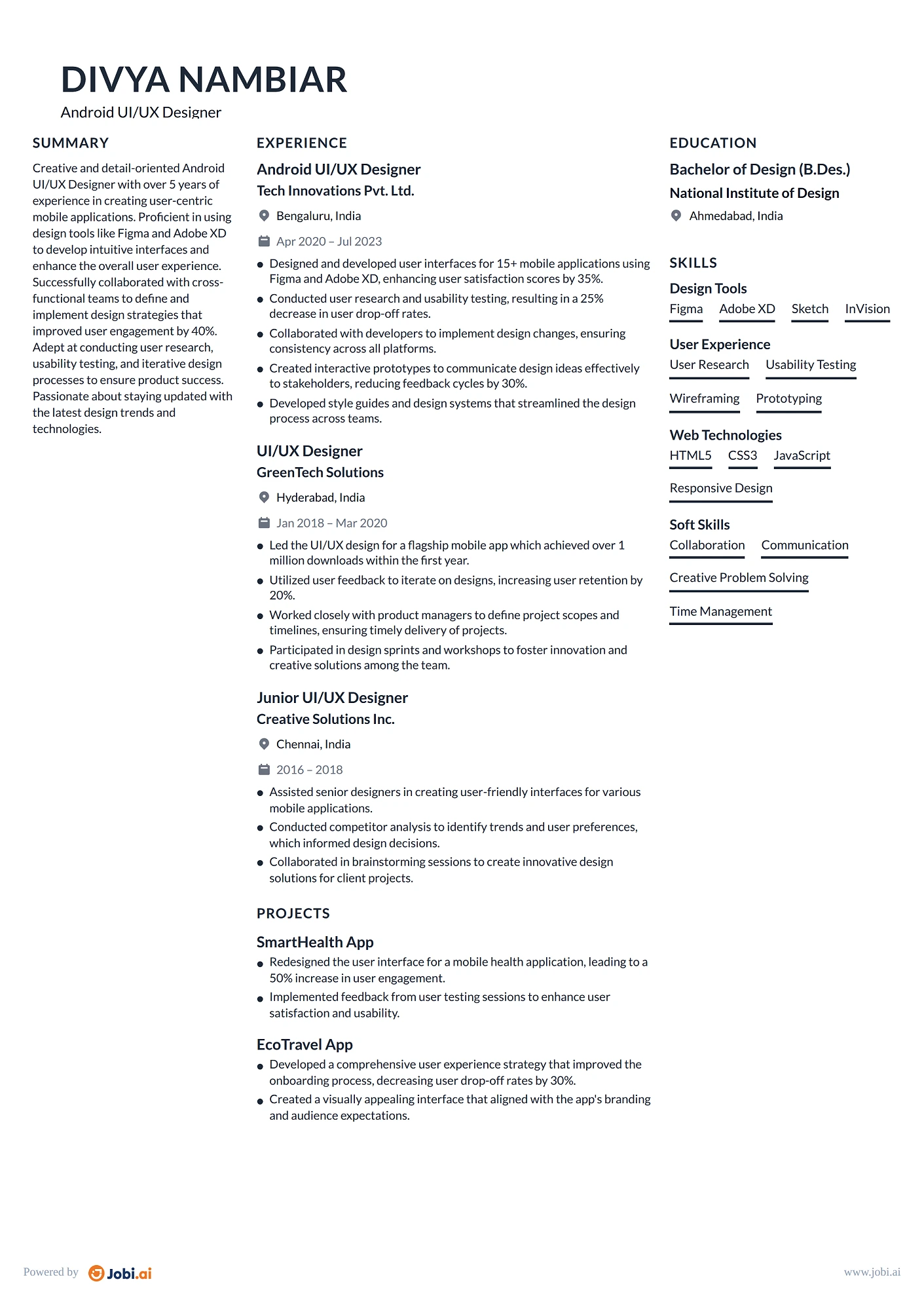 Android Developer resume example — Android UI/UX Designer