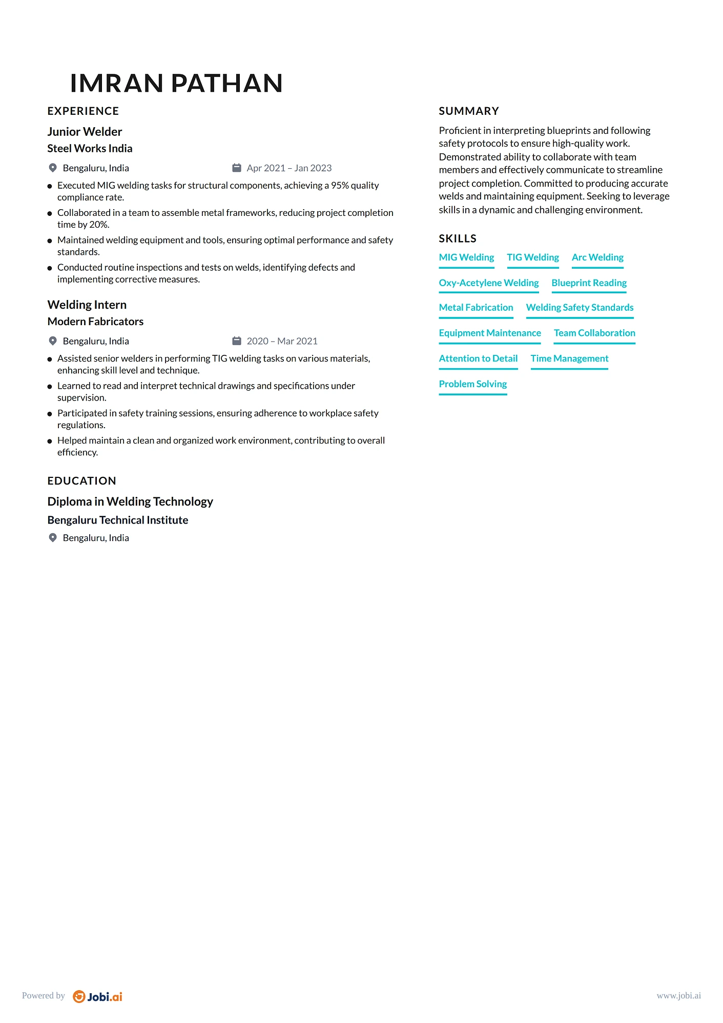 Welder resume example — Junior Welder