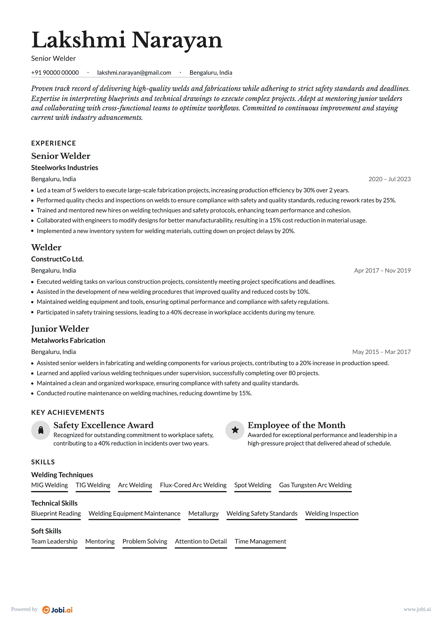 Welder resume example — Senior Welder