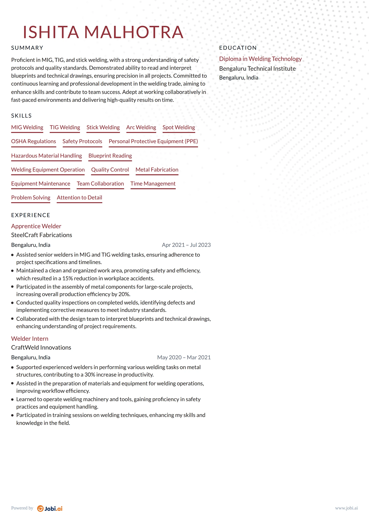 Welder resume example — Apprentice Welder
