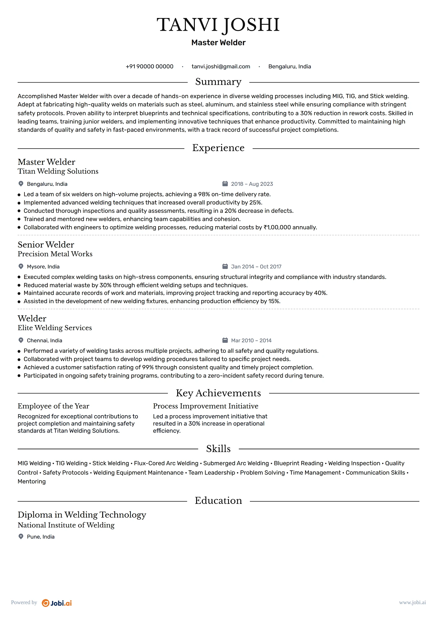 Welder resume example — Master Welder