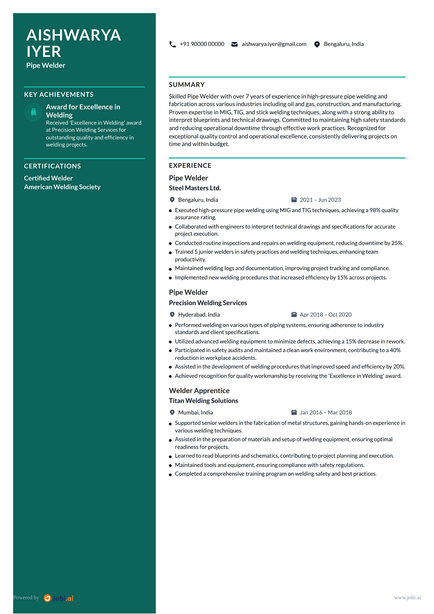 Welder resume example — Pipe Welder
