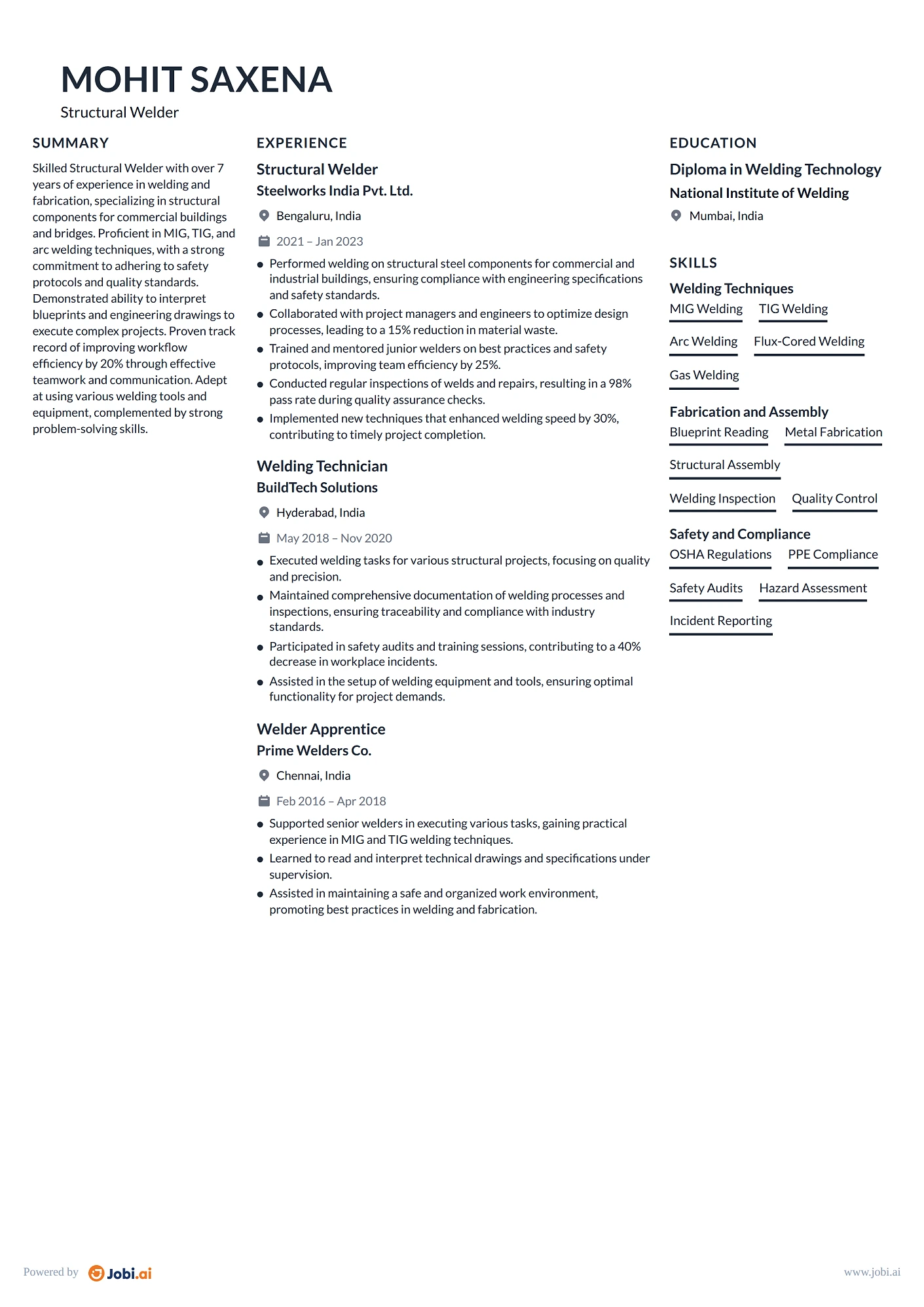 Welder resume example — Structural Welder