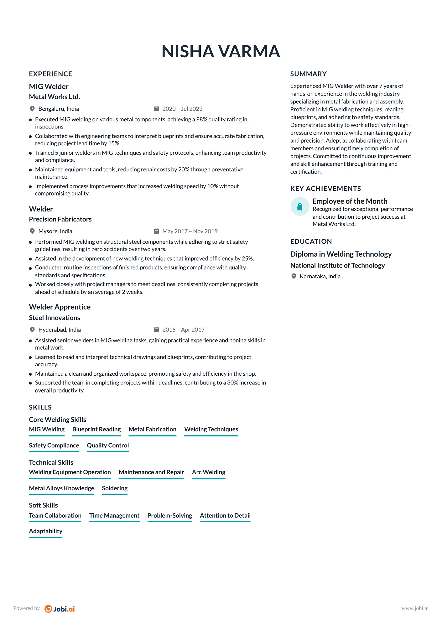Welder resume example — MIG Welder