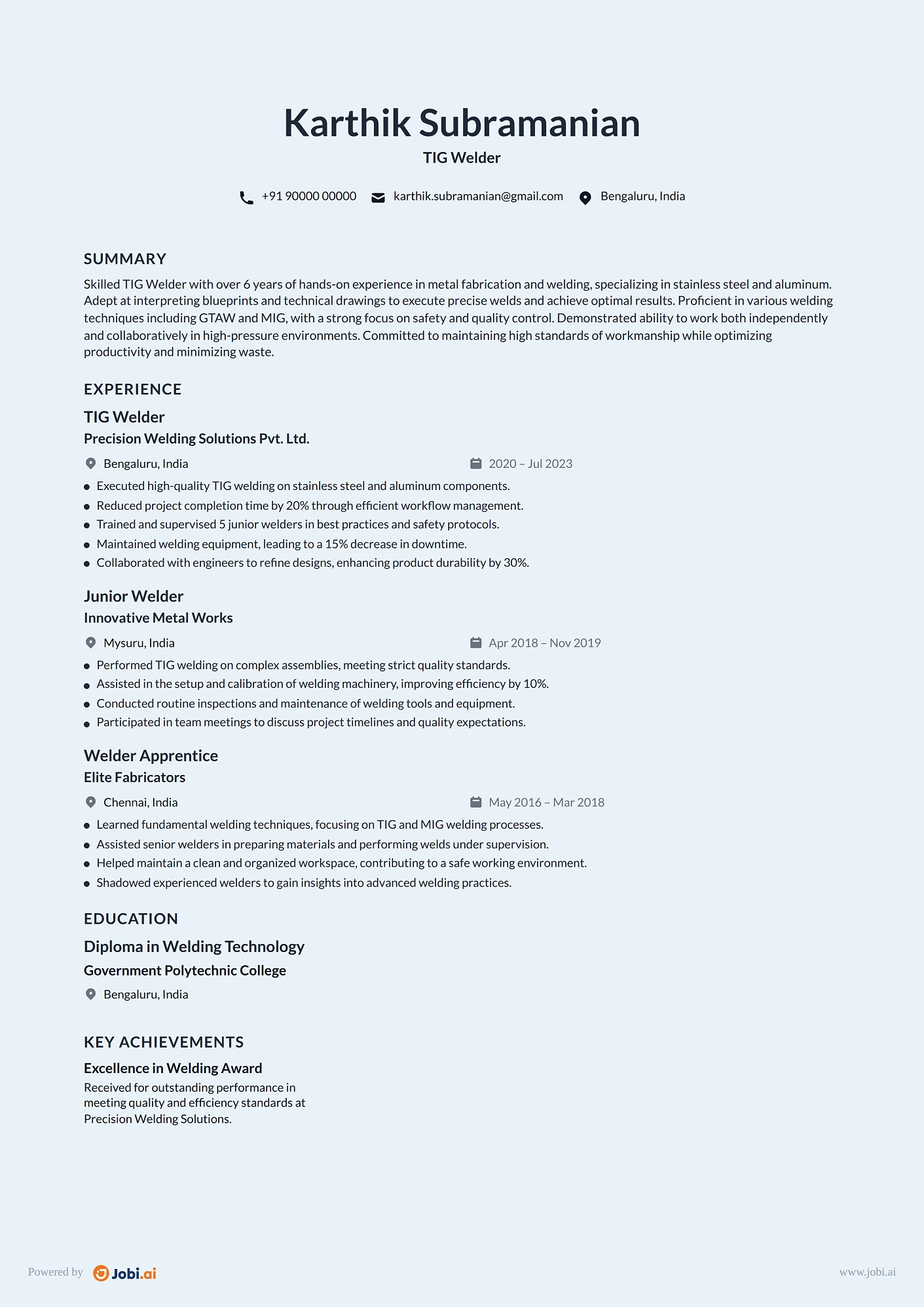 Welder resume example — TIG Welder