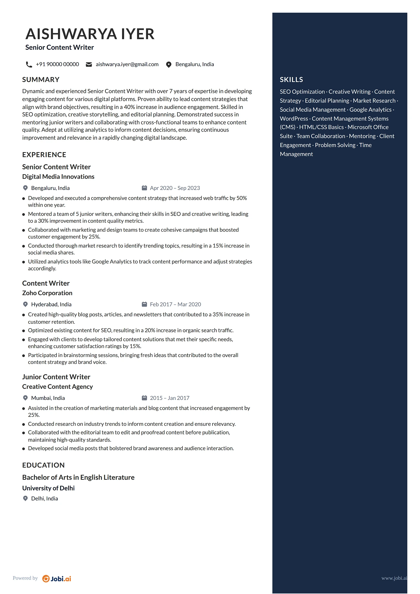 Writer resume example — Senior Content Writer