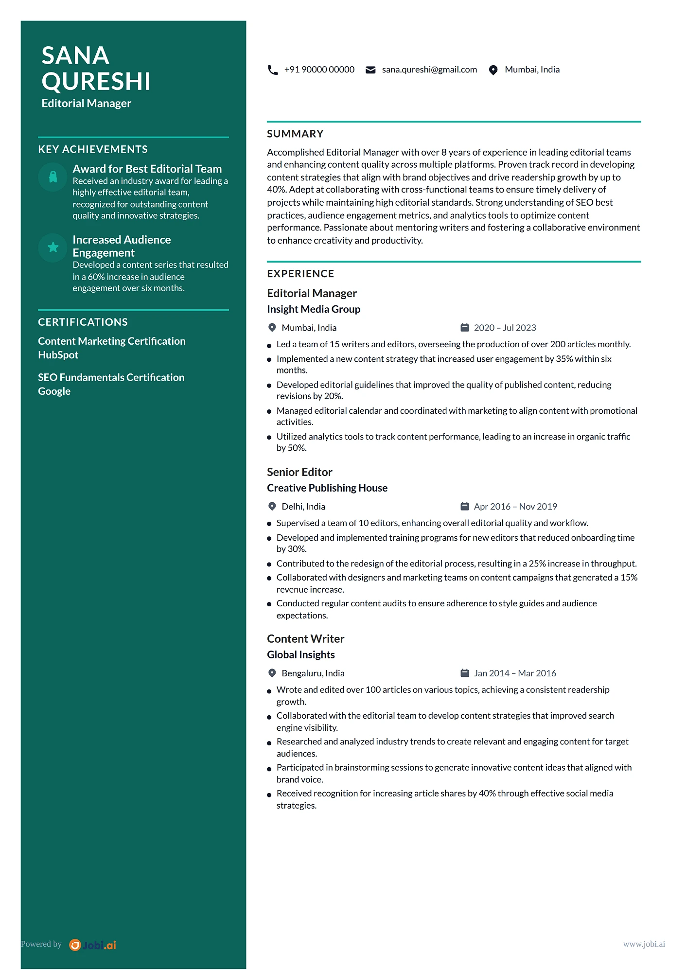 Writer resume example — Editorial Manager