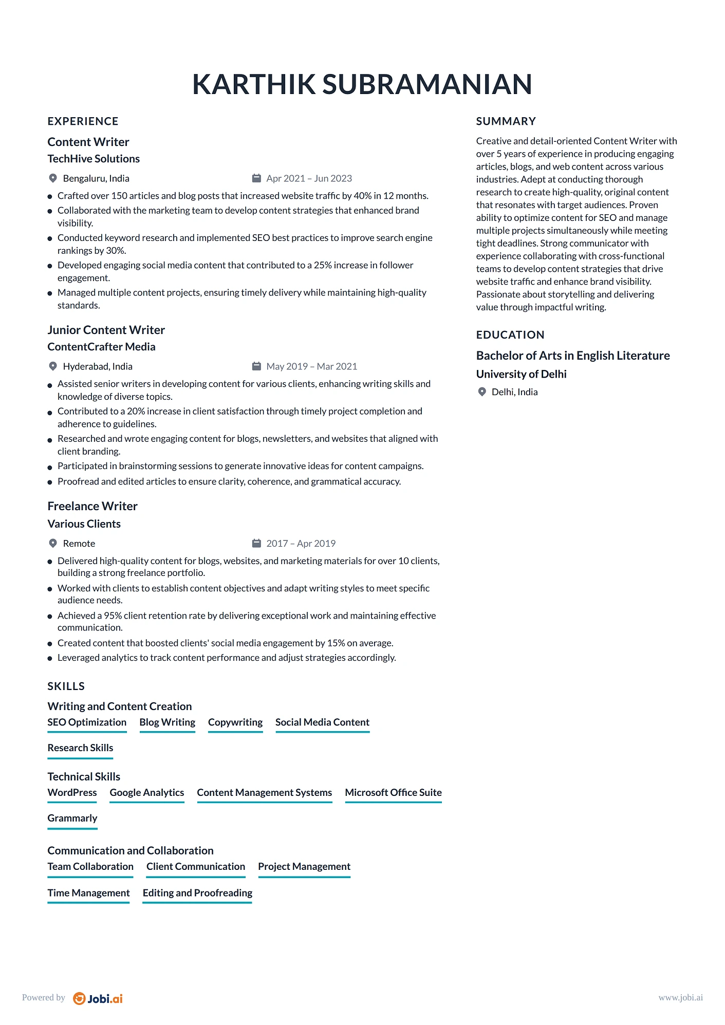 Writer resume example — Content Writer