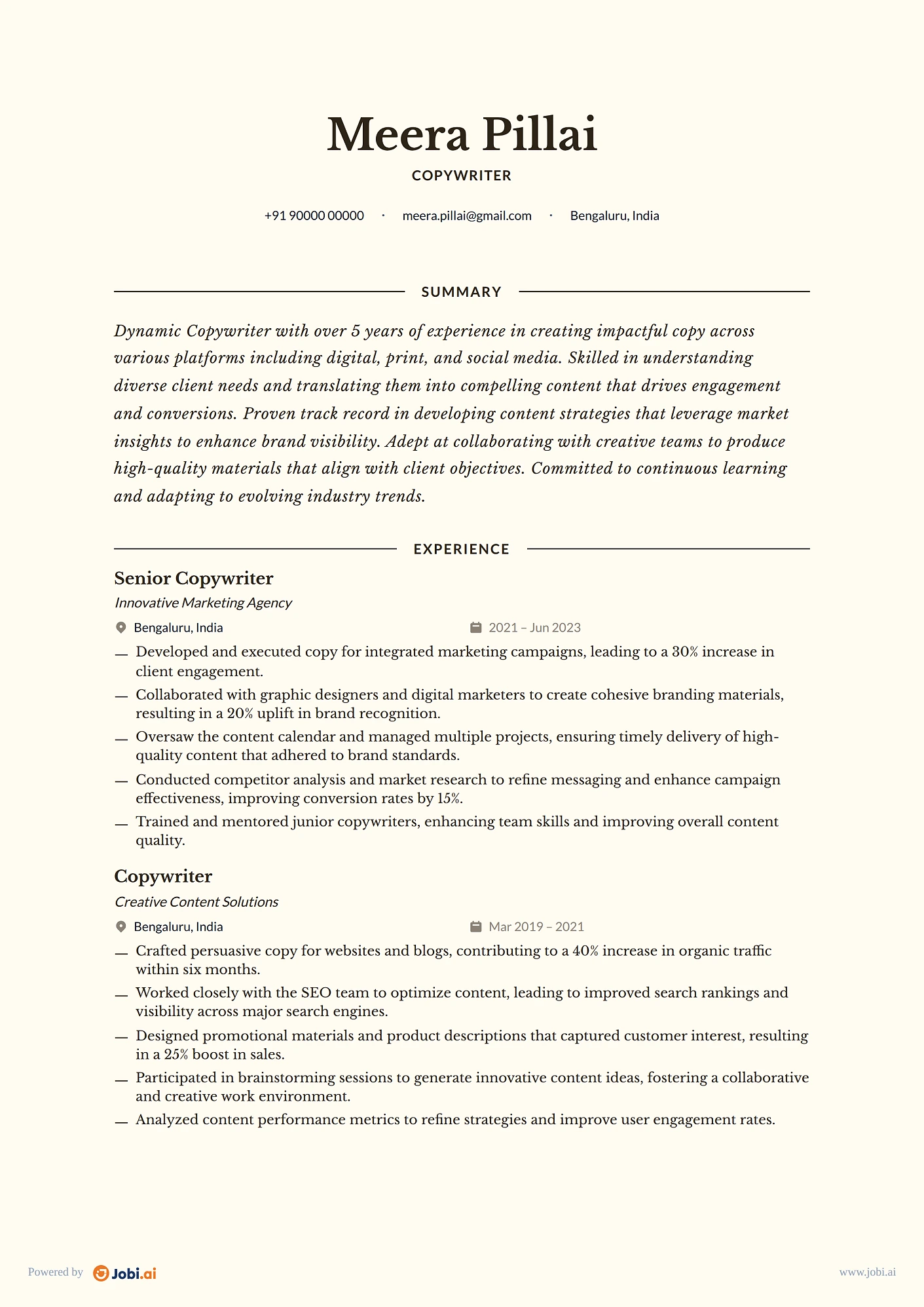 Writer resume example — Copywriter