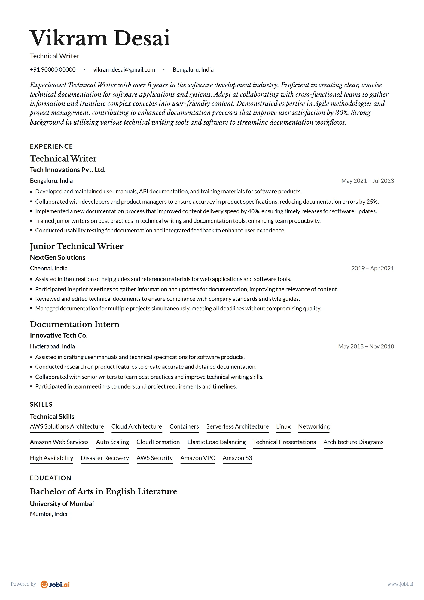 Writer resume example — Technical Writer