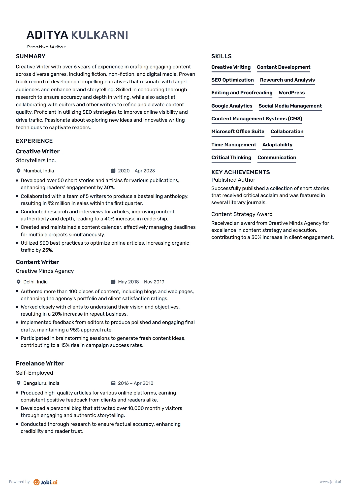 Writer resume example — Creative Writer