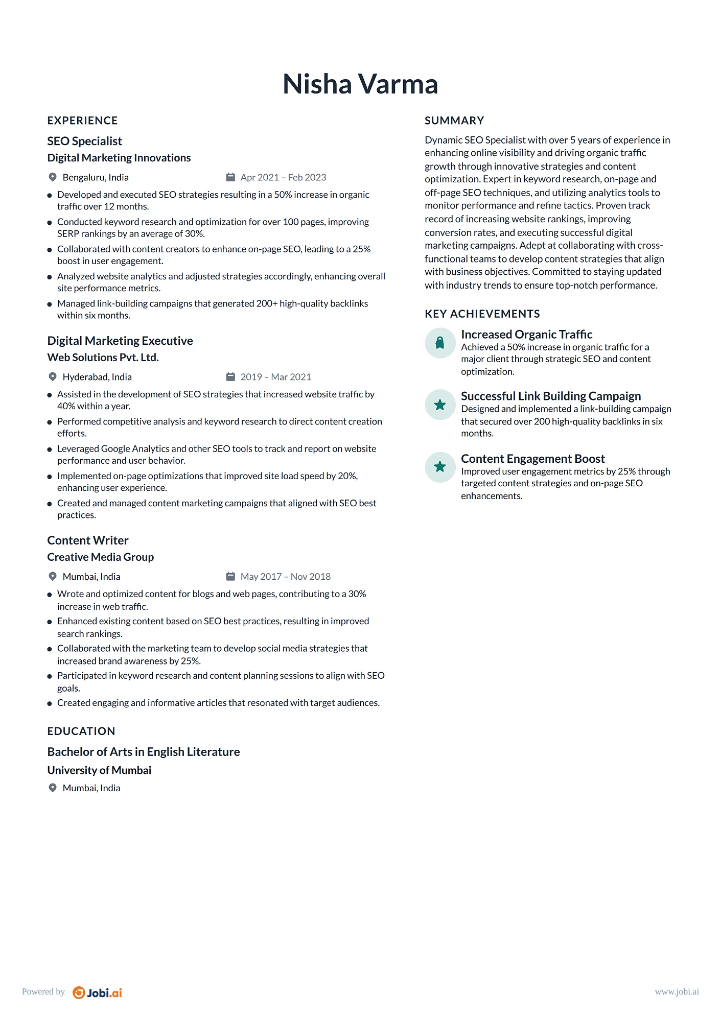 Writer resume example — SEO Specialist