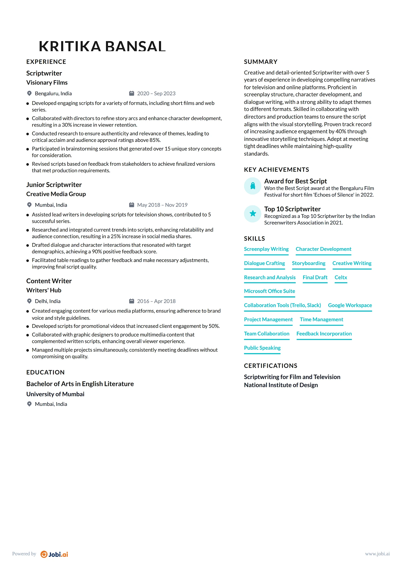 Writer resume example — Scriptwriter
