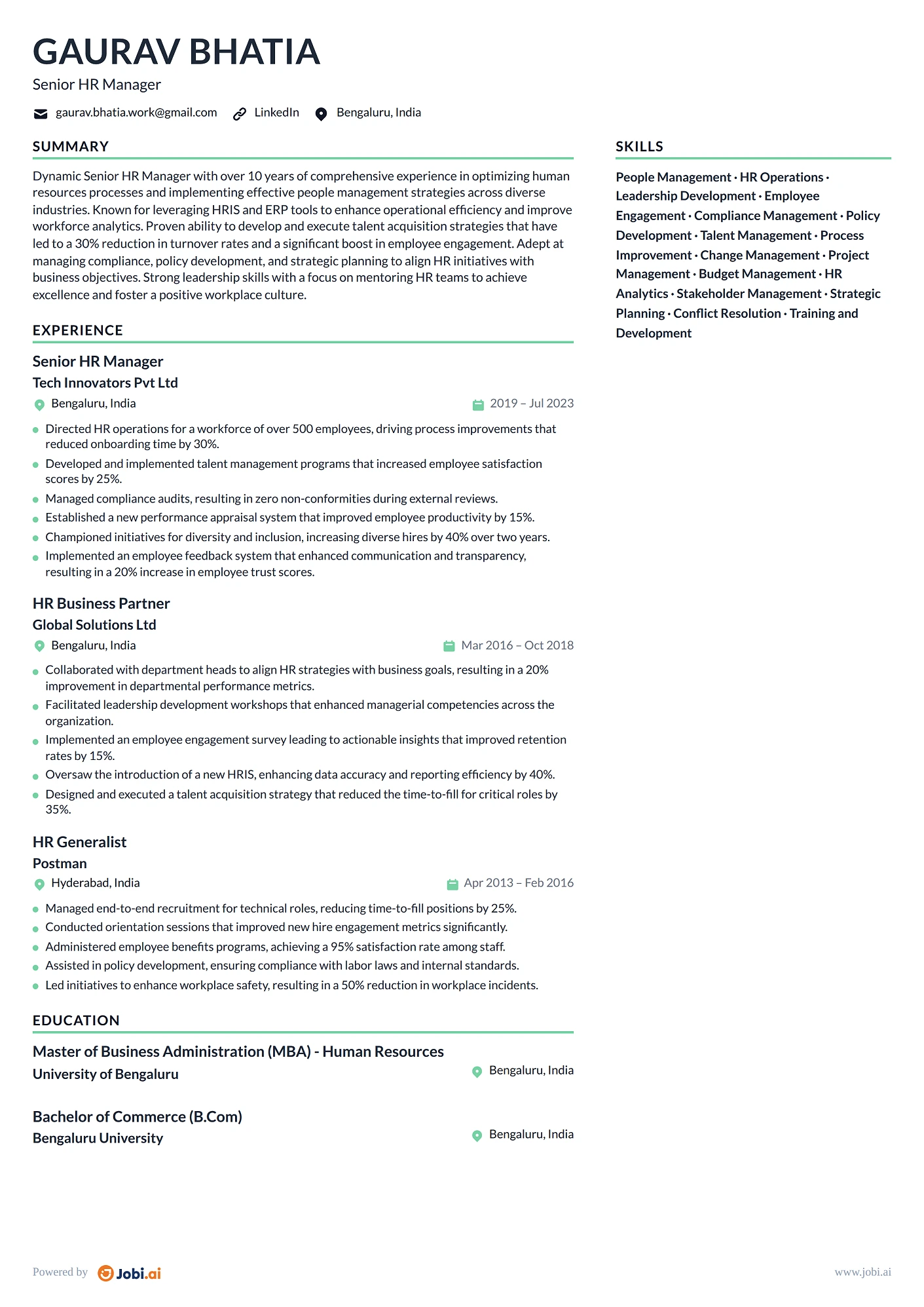 HR Manager resume example