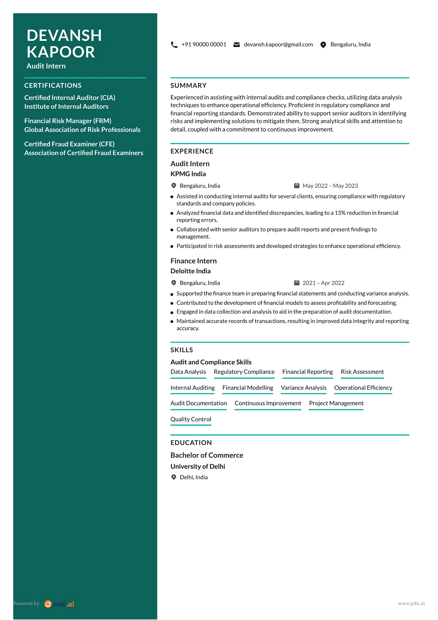 Auditor resume example — Audit Intern