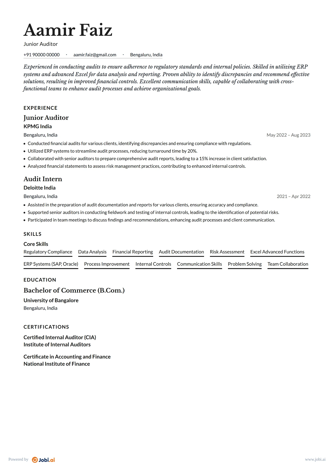 Auditor resume example — Junior Auditor